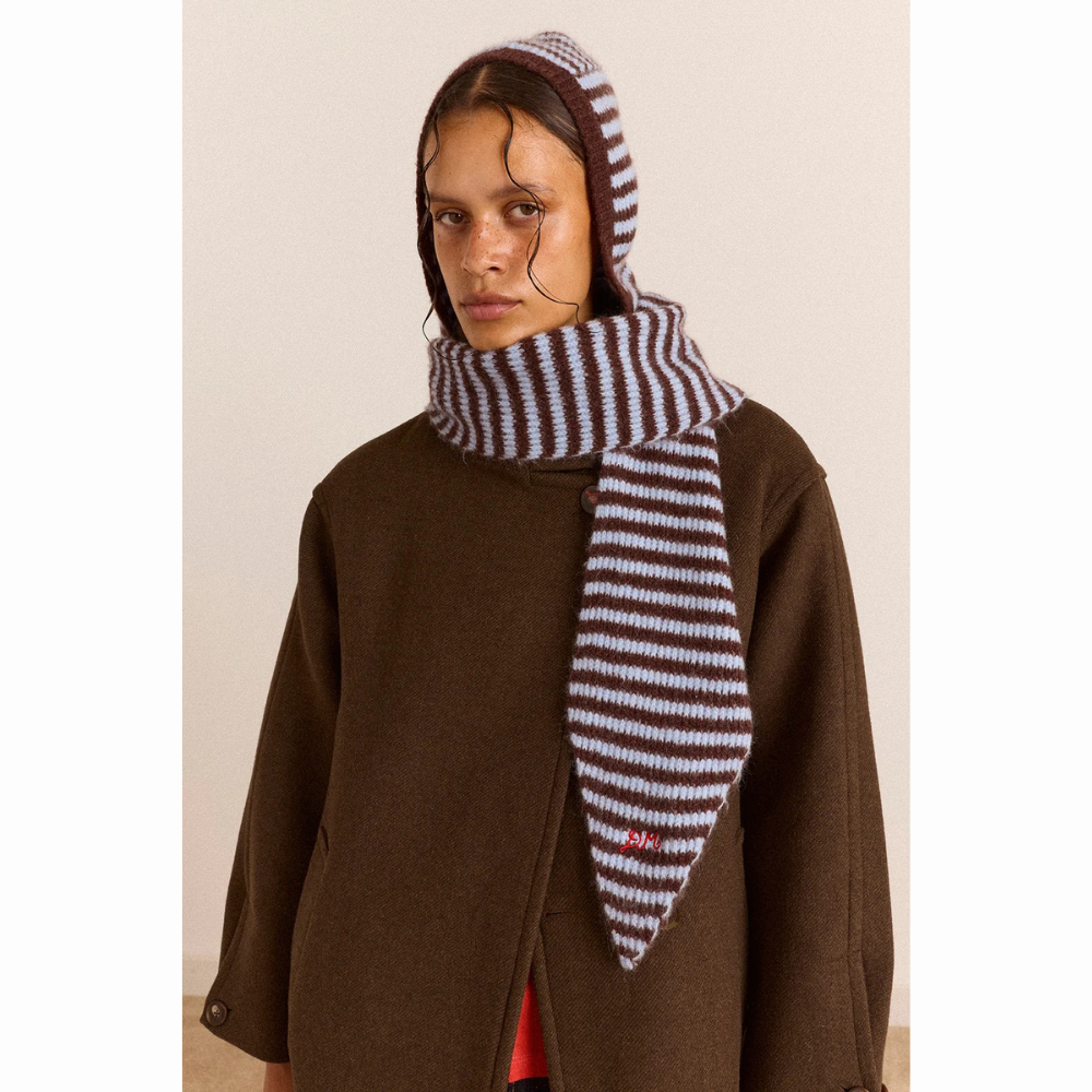 Damson Madder Strikket Tie Front Hood Blue & Choc Stripe