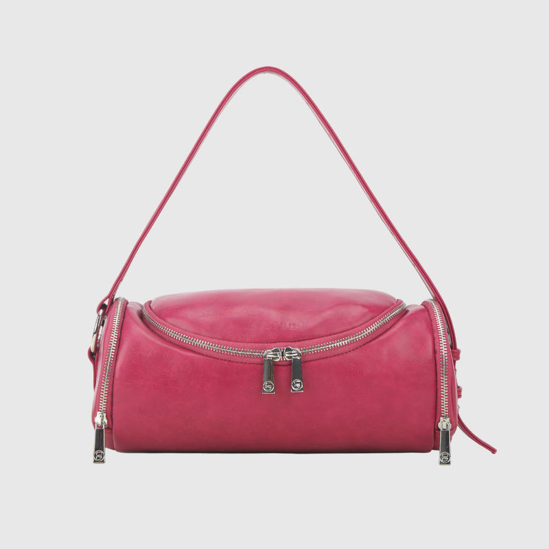 Pink skuldertaske set fra siden med lynlåslomme