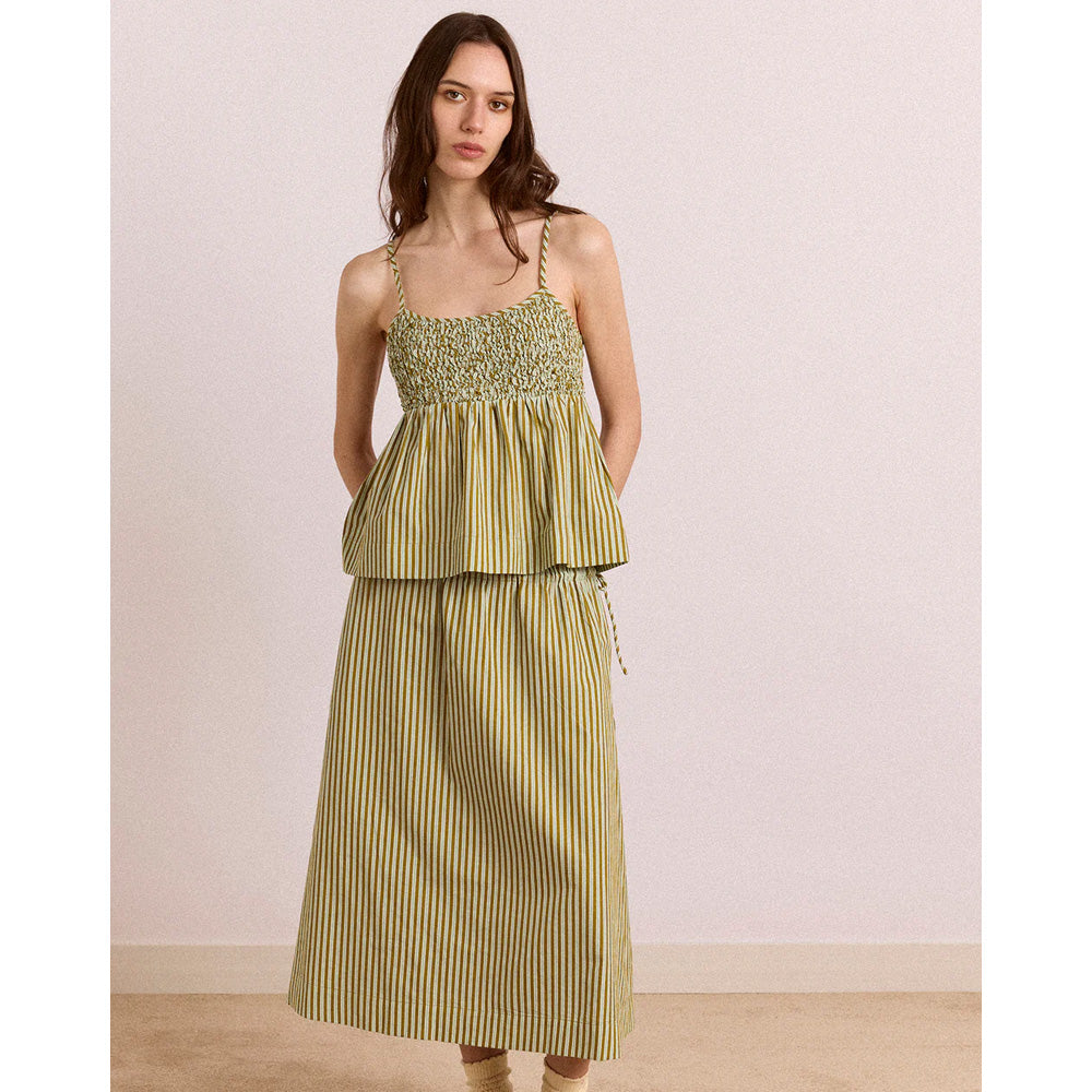 Damson Madder Caspia Midi Skirt Green Stripe