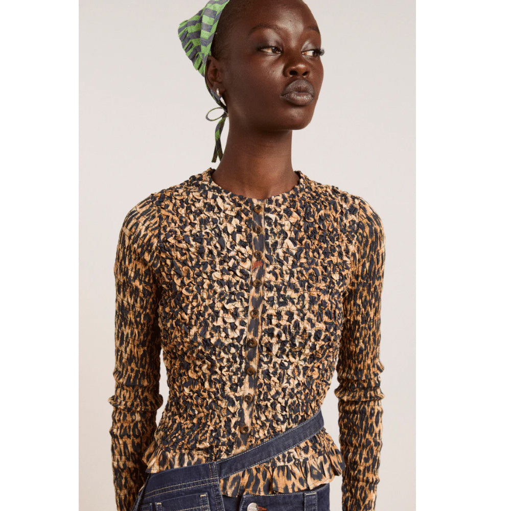 Damson Madder Elliana Smocked Cardigan Leopard