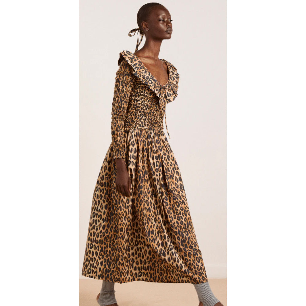 Damson Madder Harper Shirred Midi Dress Leopard