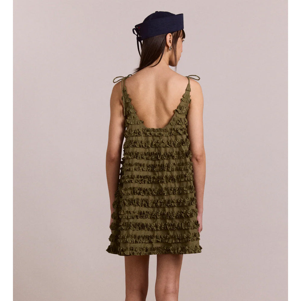 Damson Madder Leili Ruffle Mini Dress Olive