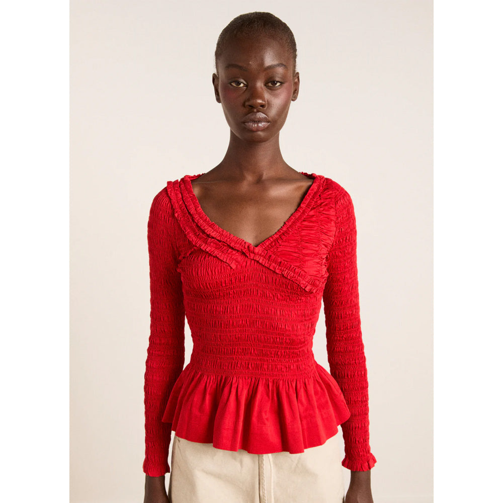 Damson Madder Suri Shirred Cotton Satin Bluse Red