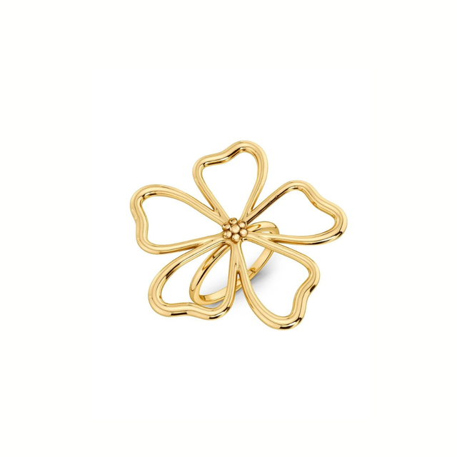 Edblad Alba Ring L i guld med stor stiliseret blomst og blank 14K guldbelægning.