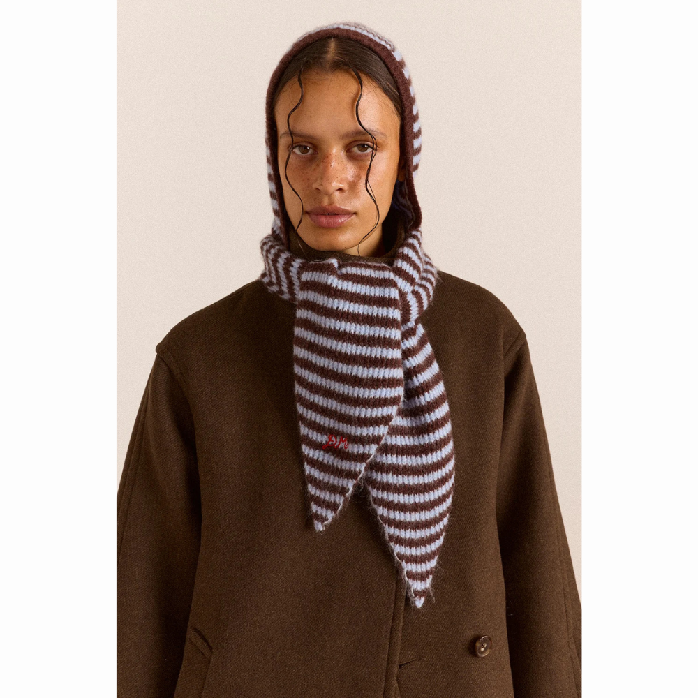Damson Madder Strikket Tie Front Hood Blue & Choc Stripe