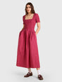 Damson Madder Raphaela Ruffle Midi Dress i berry mønster set forfra