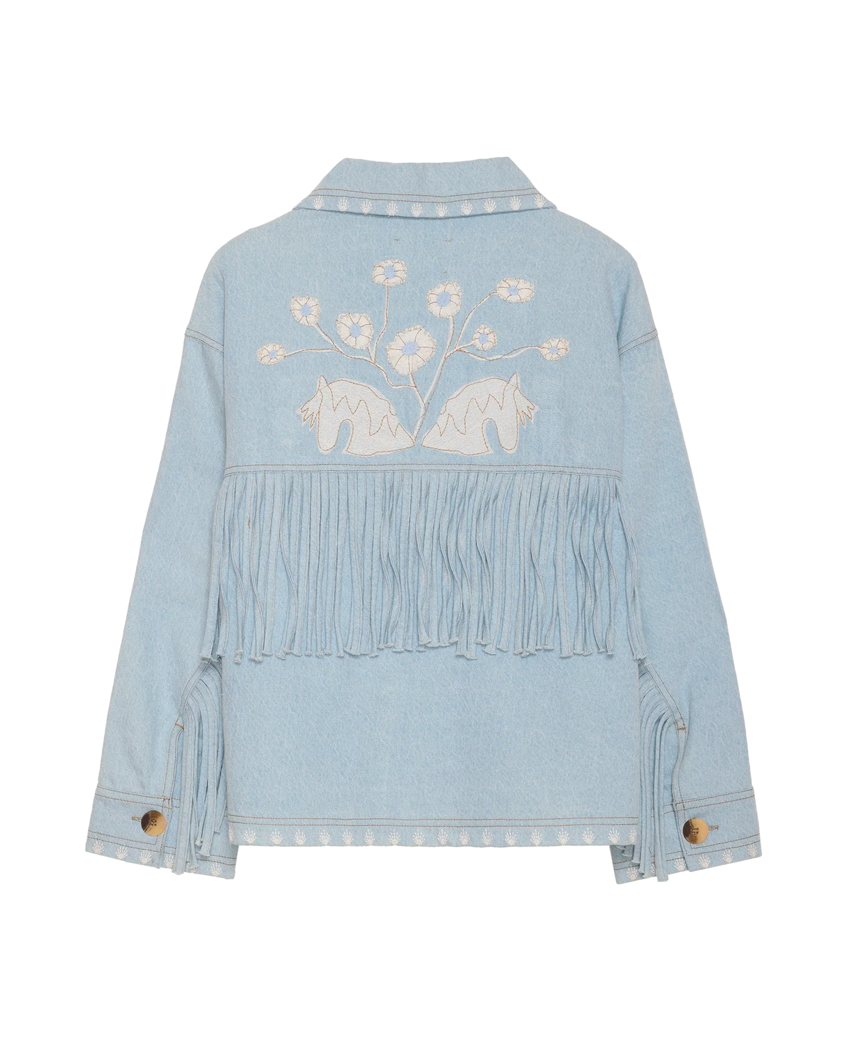 Sissel Edelbo Christer Jakke i lys denim set bagfra med broderet motiv og lange frynser på ryggen og ærmerne