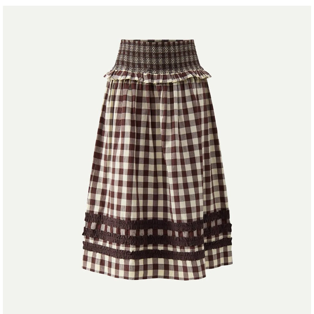 Damson Madder Ava Ruffle Midi Skirt - Black & Butter Gingham