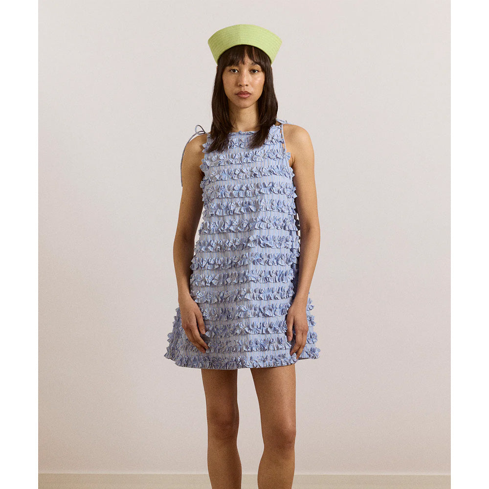 Damson Madder Leili Ruffle Mini Dress Mini Blue Stripes