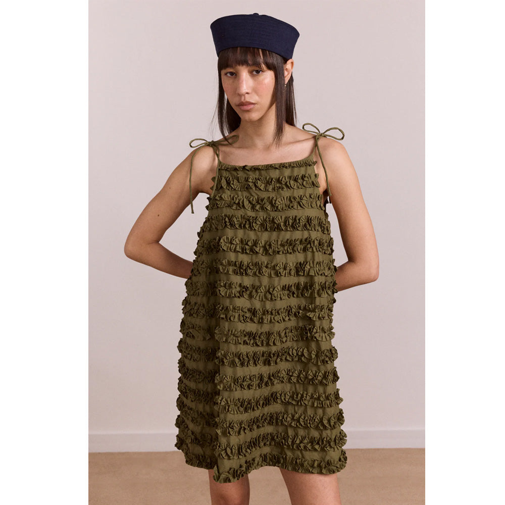 Damson Madder Leili Ruffle Mini Dress Olive