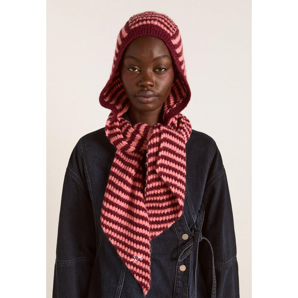 Damson Madder Strikket Tie Front Hood Pink & Burgundy Stripes