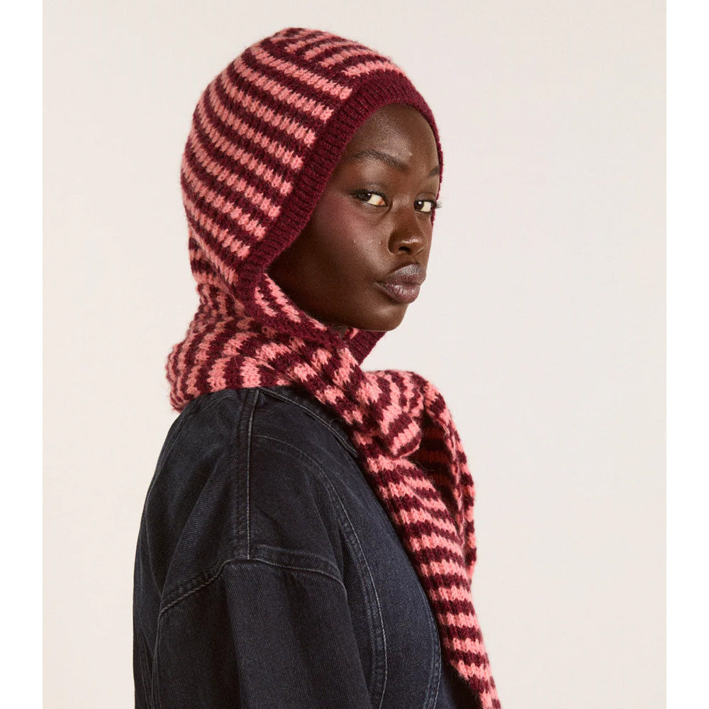 Damson Madder Strikket Tie Front Hood Pink & Burgundy Stripes