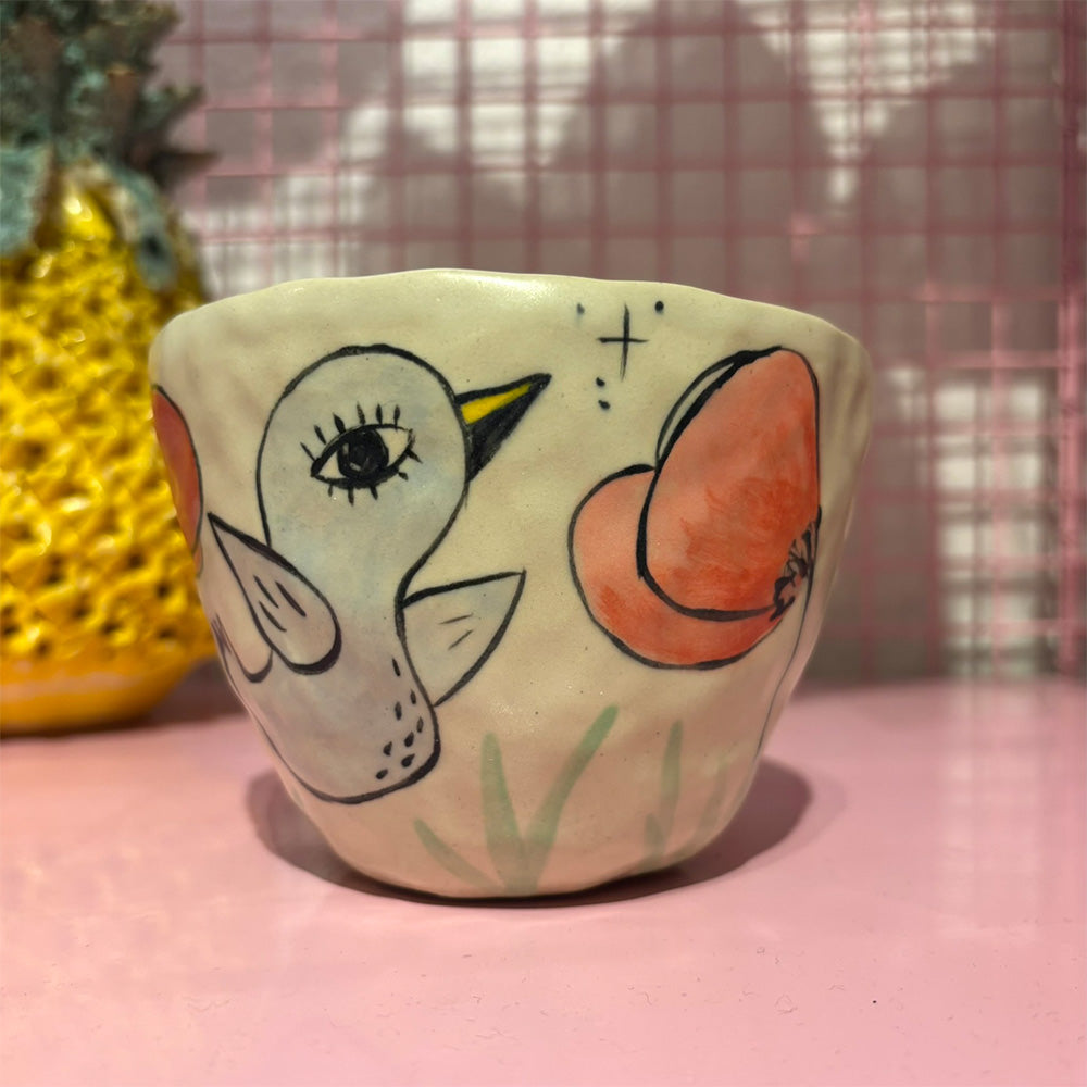 Falkeblik Keramik Kop Lyserød Ansigt Fugl Valmuer