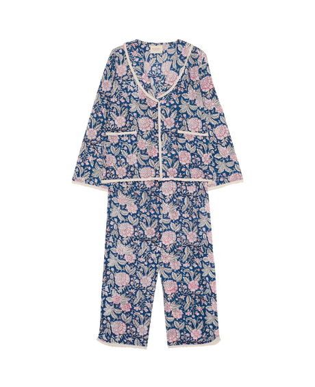 Sissel Edelbo Neva Pyjamas Sæt i blå og rosa med blomstertryk. Skjorte med krave og matchende bukser