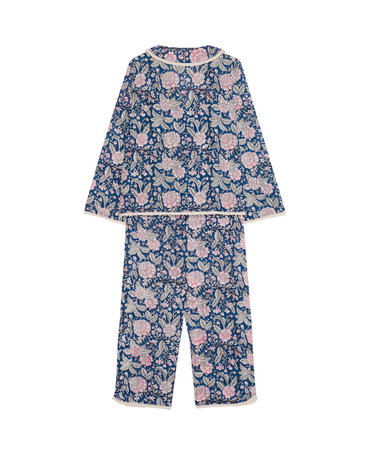 Sissel Edelbo Neva Pyjamas Sæt set bagfra med blå og rosa blomsterprint på skjorte og bukser