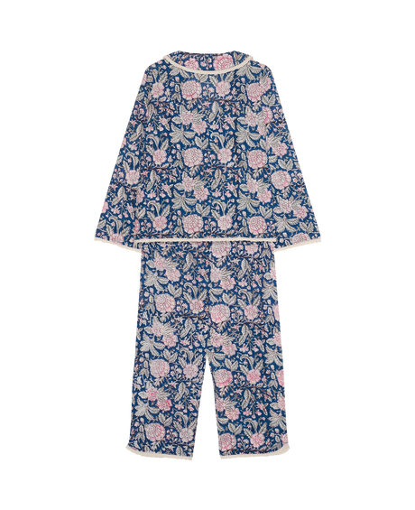 Sissel Edelbo Neva Pyjamas Sæt set bagfra med blå og rosa blomsterprint på skjorte og bukser