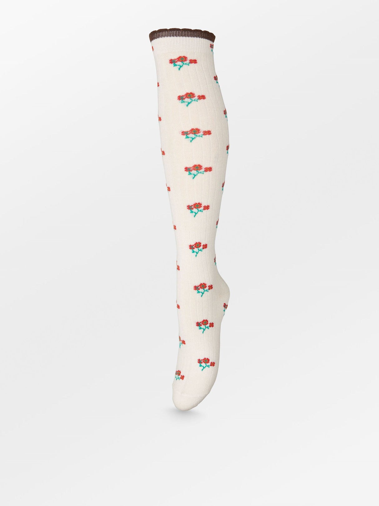 Hvid knæhøj strømpe med blomsterprint fra Becksöndergaard.
