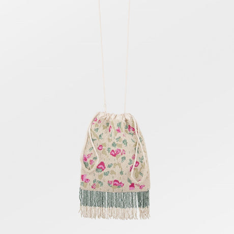 Sandfarvet skuldertaske med blomstermønster i glasperler fra Beck Söndergaard.