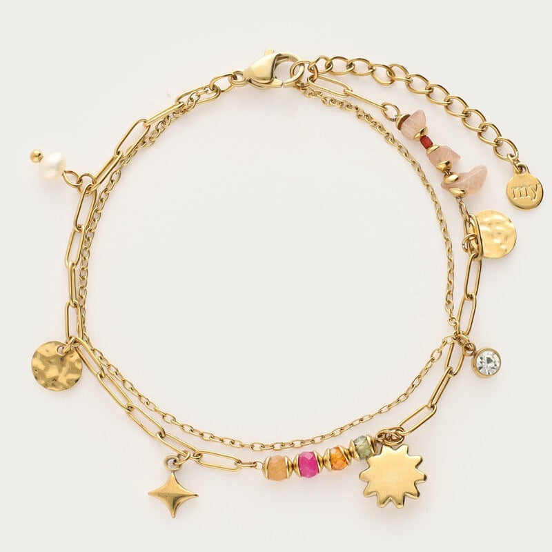 My Jewellery Dobbelt Armbånd Med Sol Og Perler - Guld